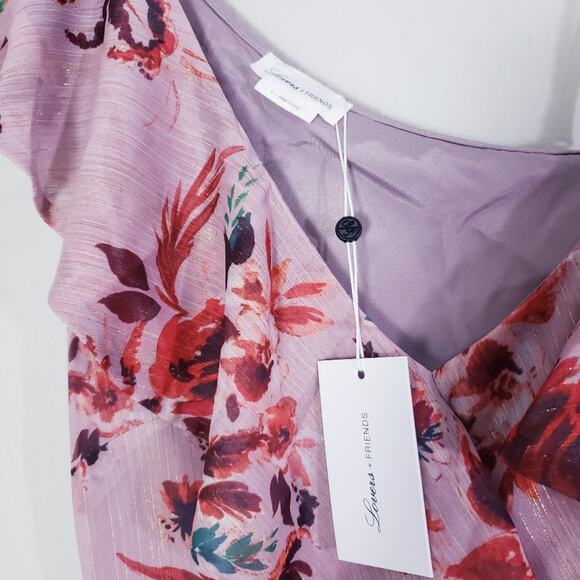 Lovers + Friends Stacey Ruffle Midi Dress Pink Red Floral Asymmetric Small NWT - Picture 9 of 15